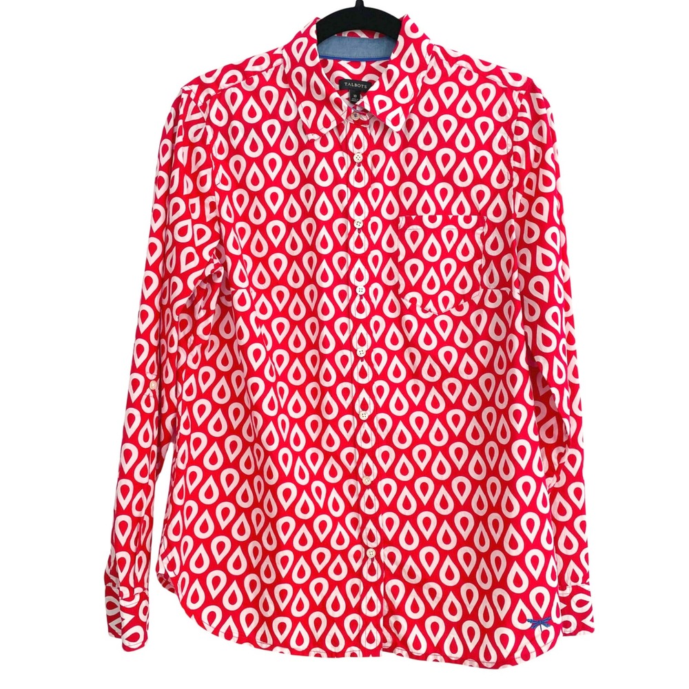 Talbots Red White Teardrop Print Button Down Shirt Dragonfly Size 10 Womens